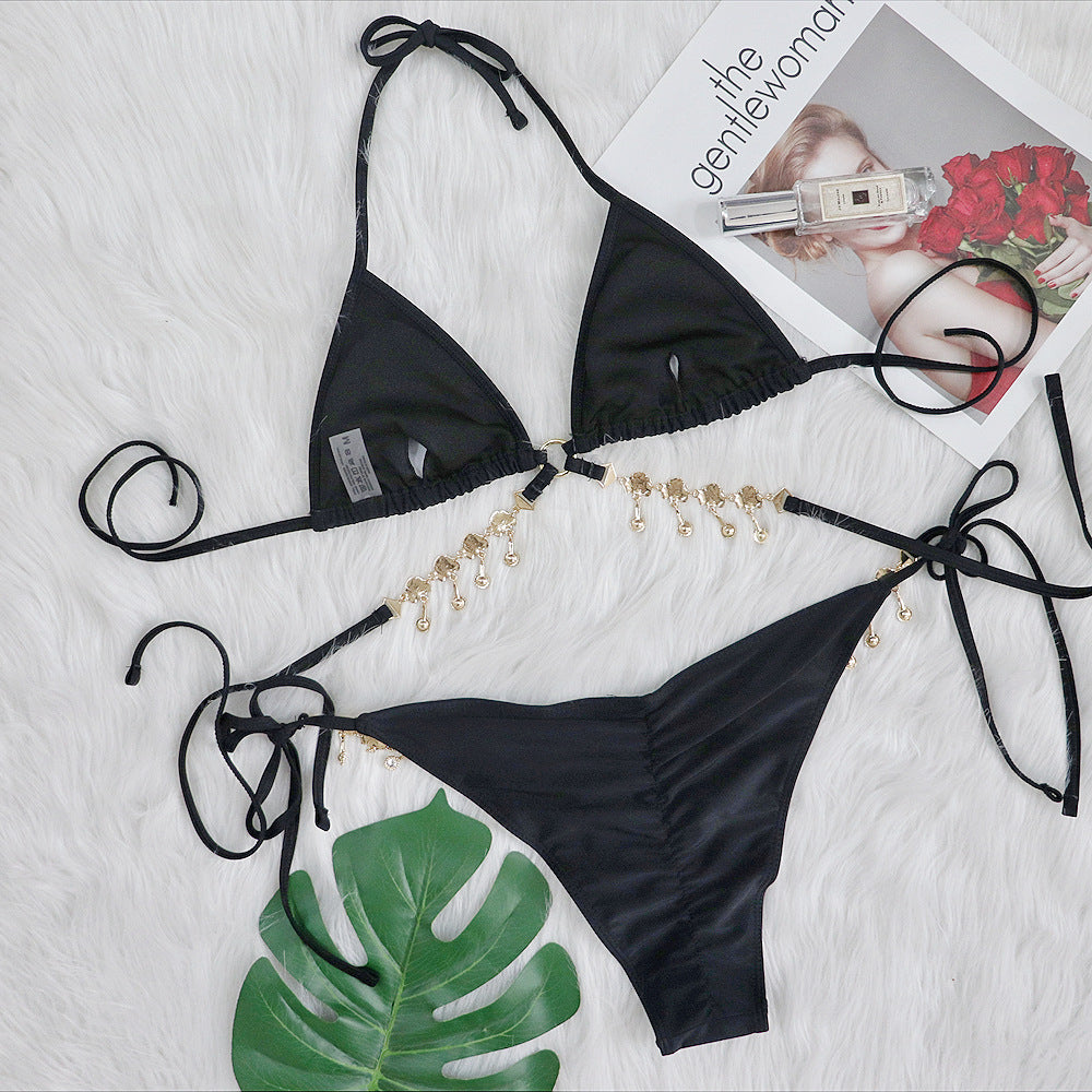 Women's Triangle Bikini String Swimsuit Print Tie Smocked Ruched Two Pieces Bathing Suit Set