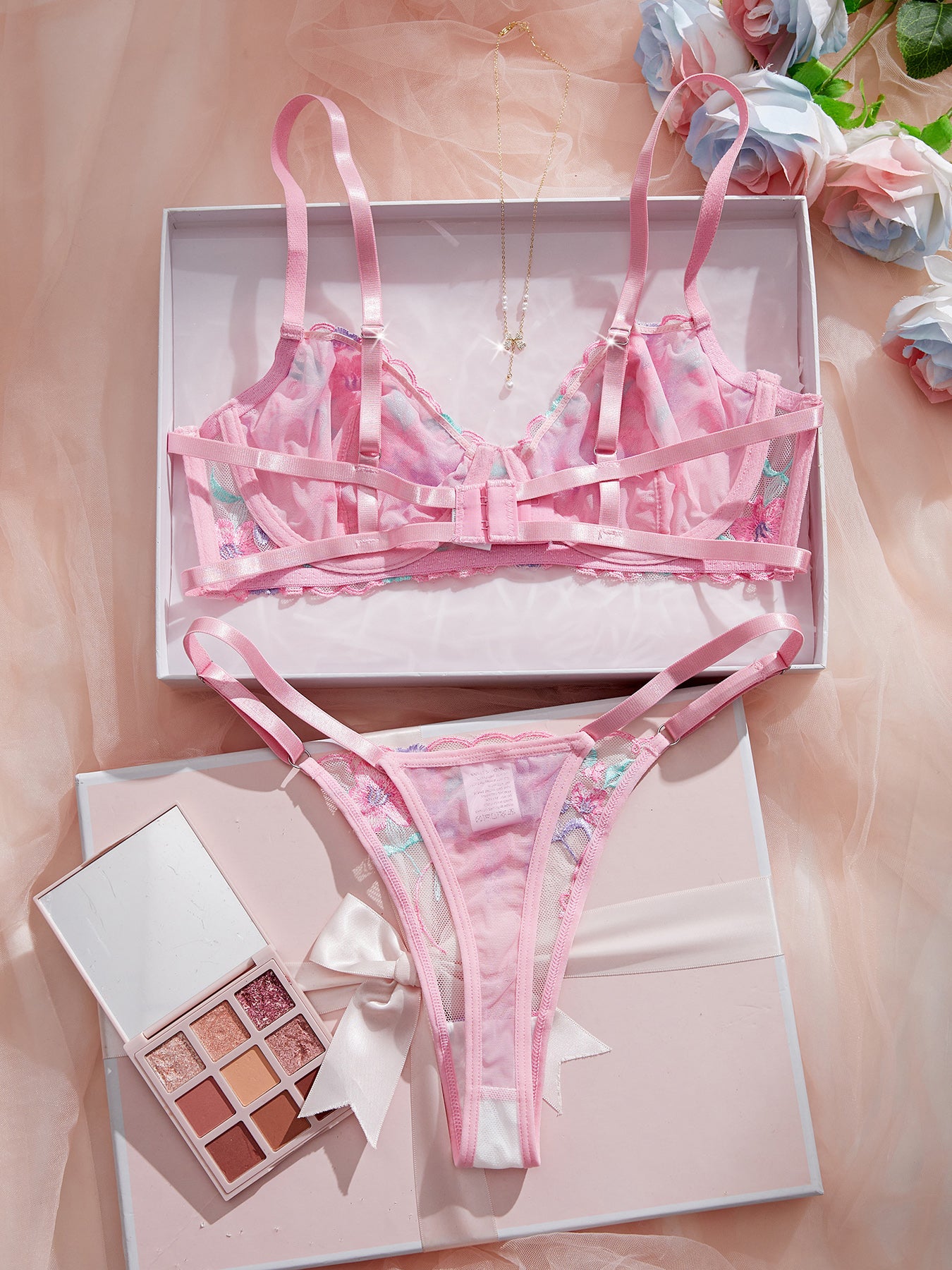 Sexy Floral Embroidered Mesh Sheer Underwire Lingerie Set