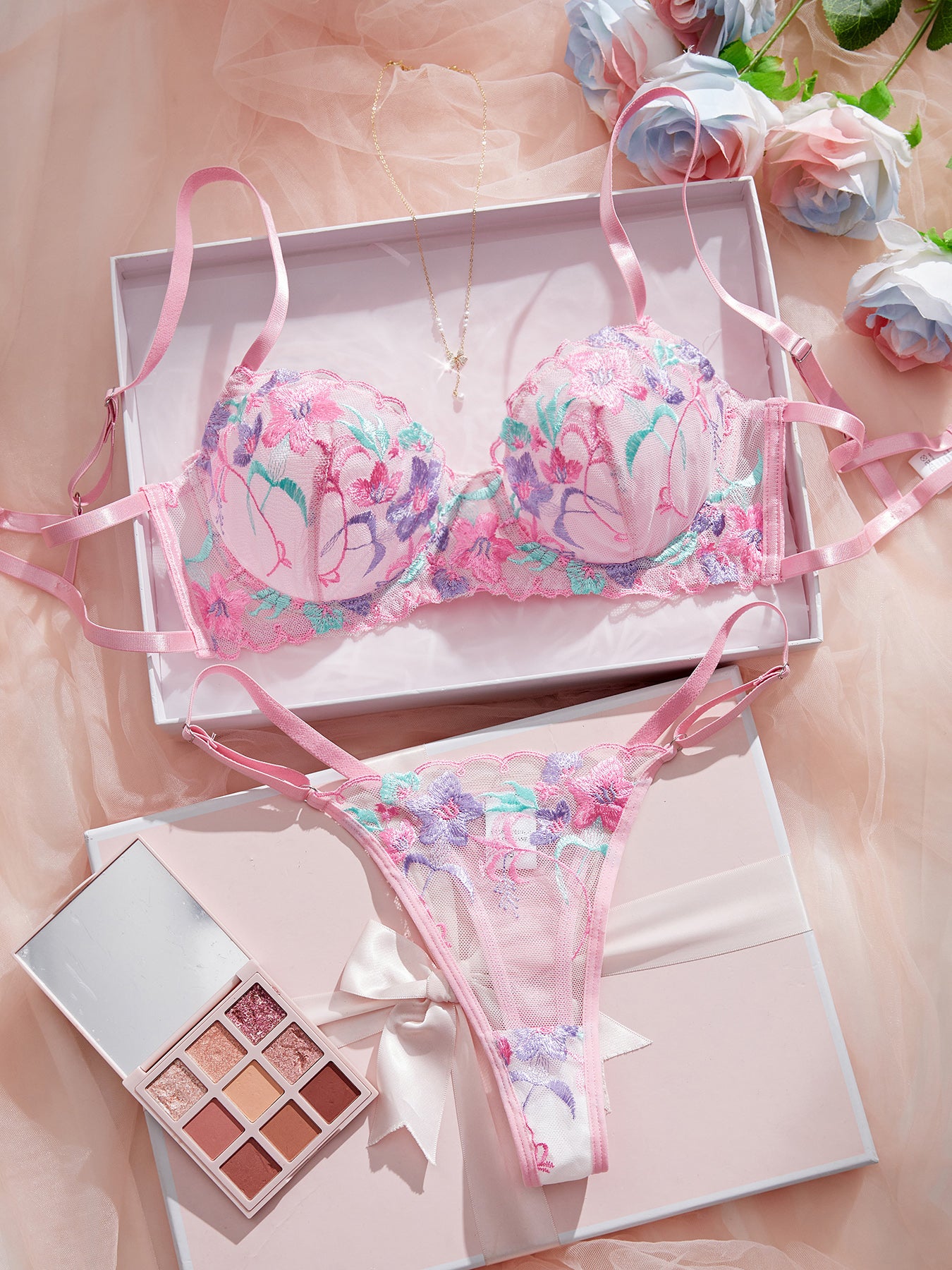 Sexy Floral Embroidered Mesh Sheer Underwire Lingerie Set