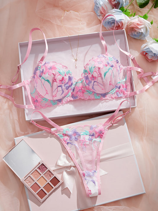 Sexy Floral Embroidered Mesh Sheer Underwire Lingerie Set