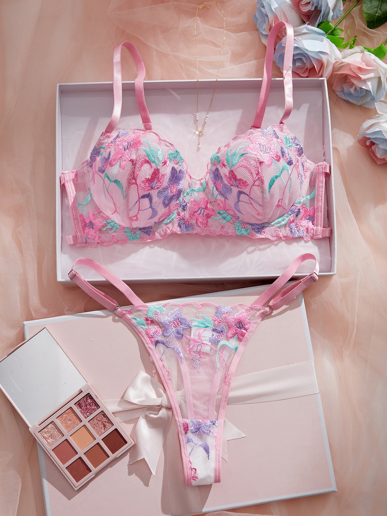 Sexy Floral Embroidered Mesh Sheer Underwire Lingerie Set