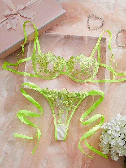 Sexy Lingerie for Women Eyelash Lace Mesh Matching Bra and Panty Sets Push Up Lace Bralette 2 Piece Lingerie Set