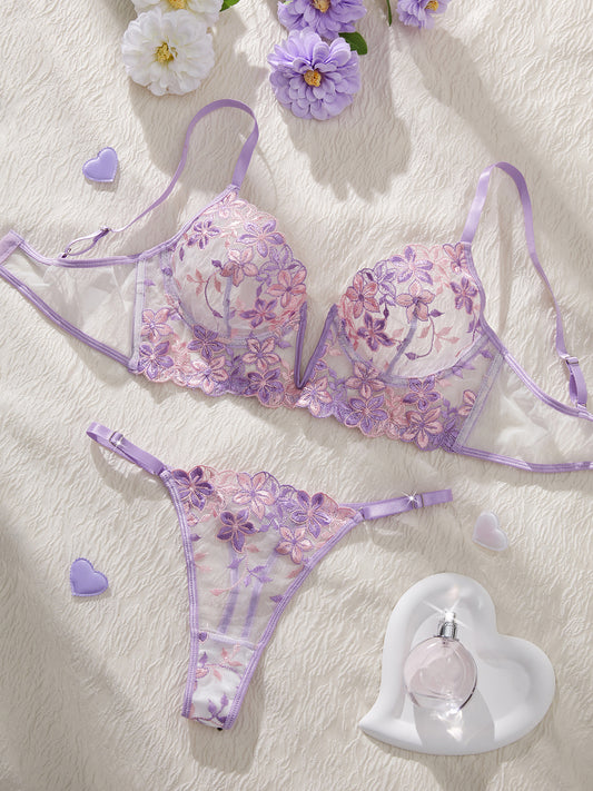 Sexy Cute Underwire Push Up Strappy Embroidered Mesh Sheer Lingerie Set