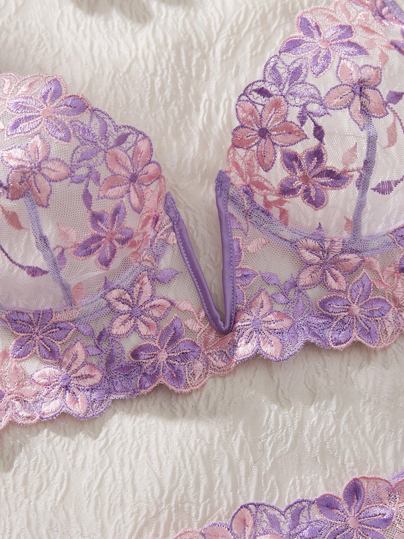 Sexy Cute Underwire Push Up Strappy Embroidered Mesh Sheer Lingerie Set