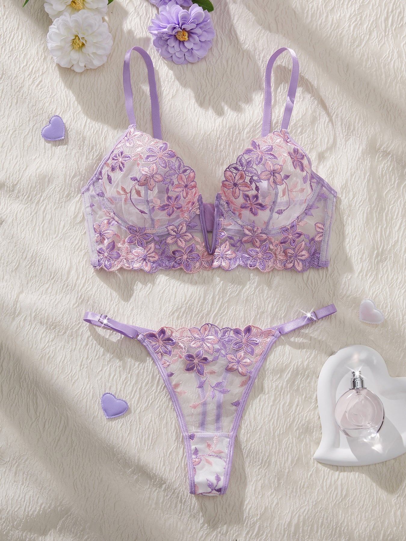 Sexy Cute Underwire Push Up Strappy Embroidered Mesh Sheer Lingerie Set