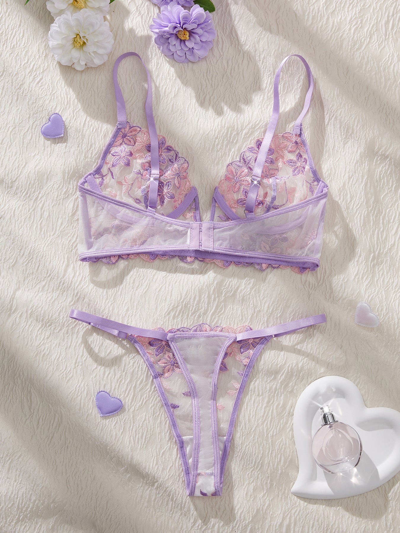 Sexy Cute Underwire Push Up Strappy Embroidered Mesh Sheer Lingerie Set