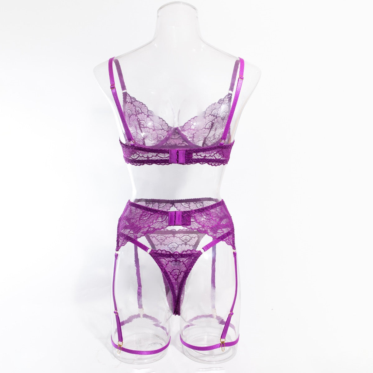 Women's Lingerie 4 Piece Garter Lingerie Floral Lace Bra and Panty Sets with Underwire S-XL