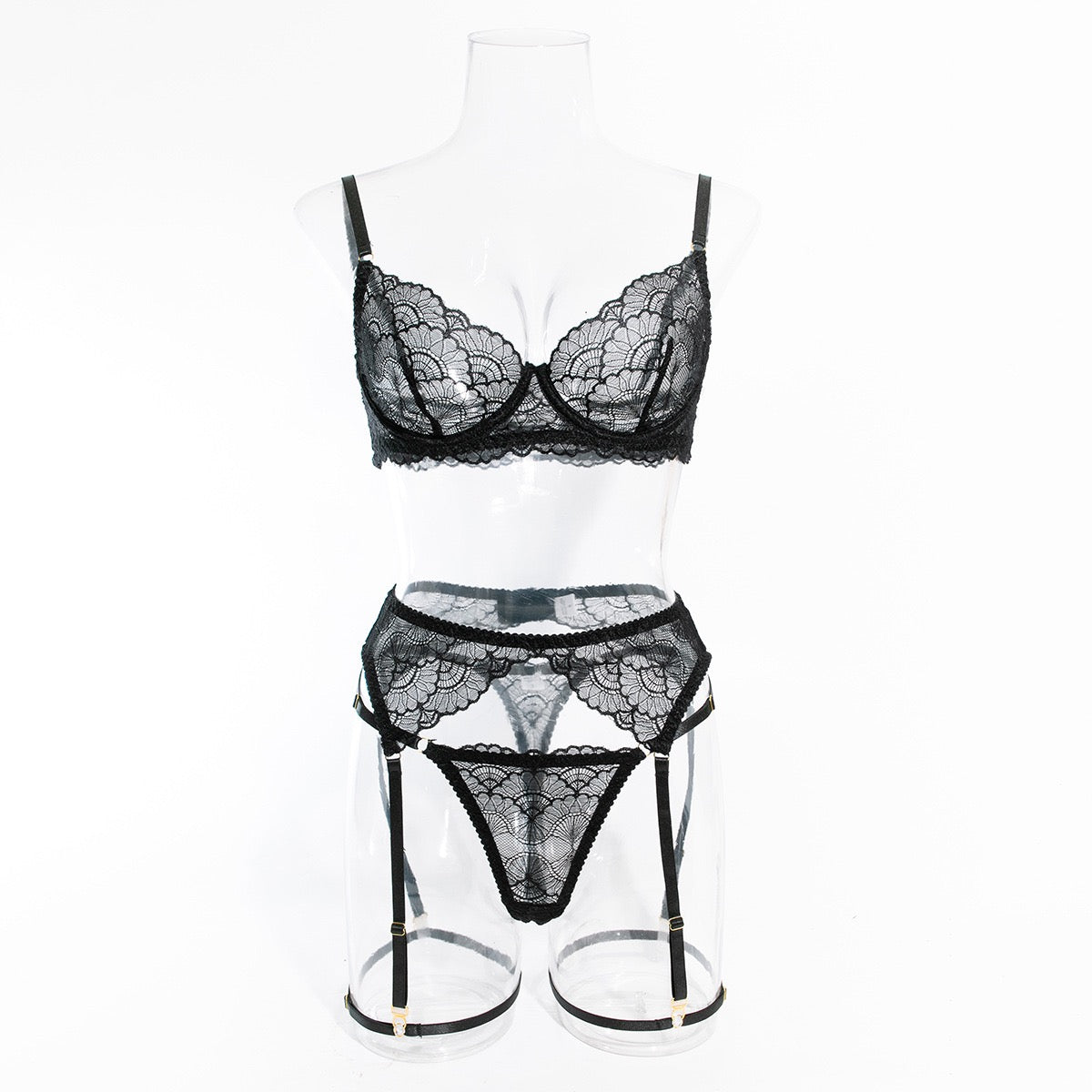 Women's Lingerie 4 Piece Garter Lingerie Floral Lace Bra and Panty Sets with Underwire S-XL