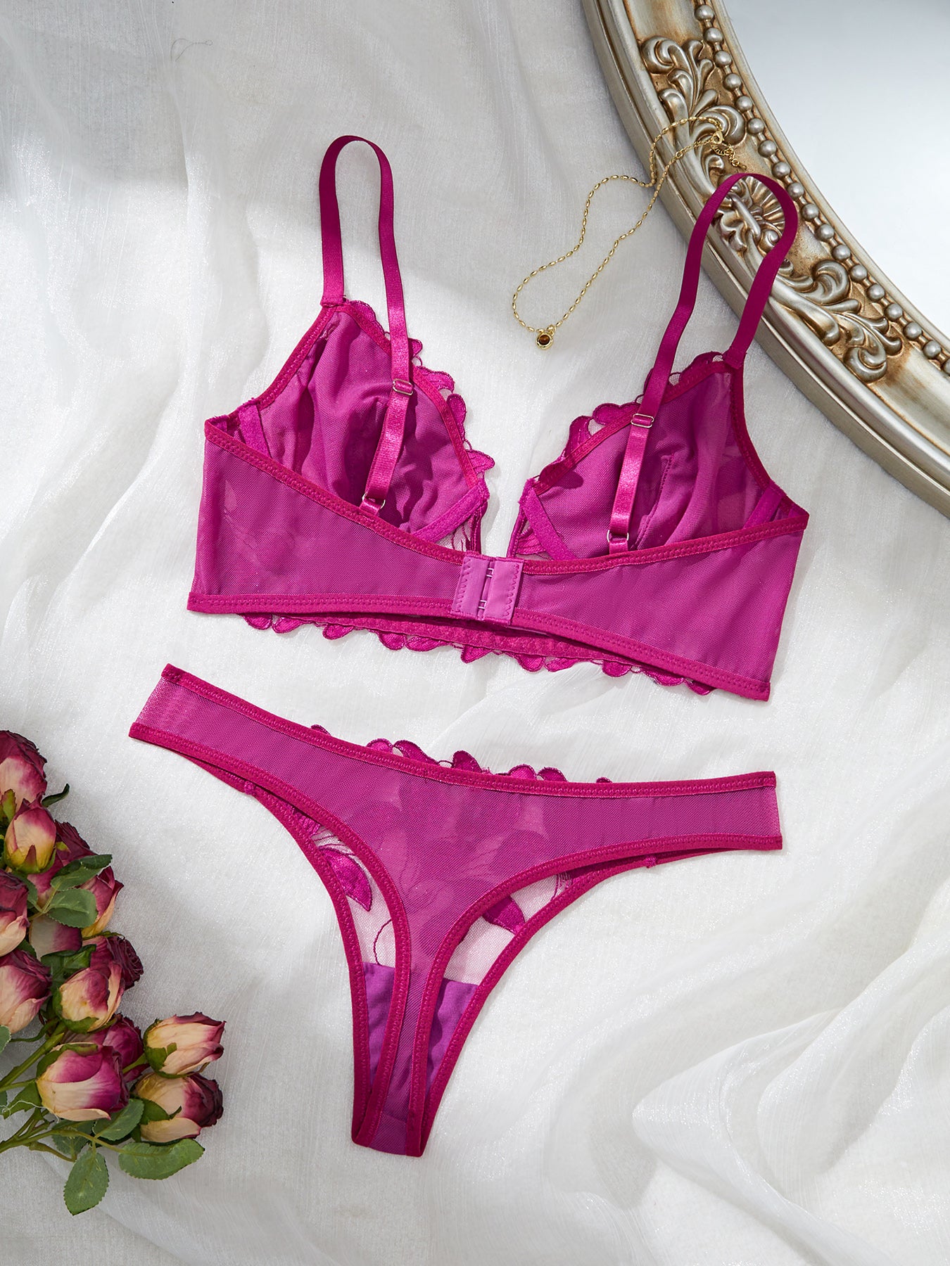 Sexy Underwire Cute Push Up Strappy Embroidered Mesh Sheer Lingerie Set See Through Panty Bra
