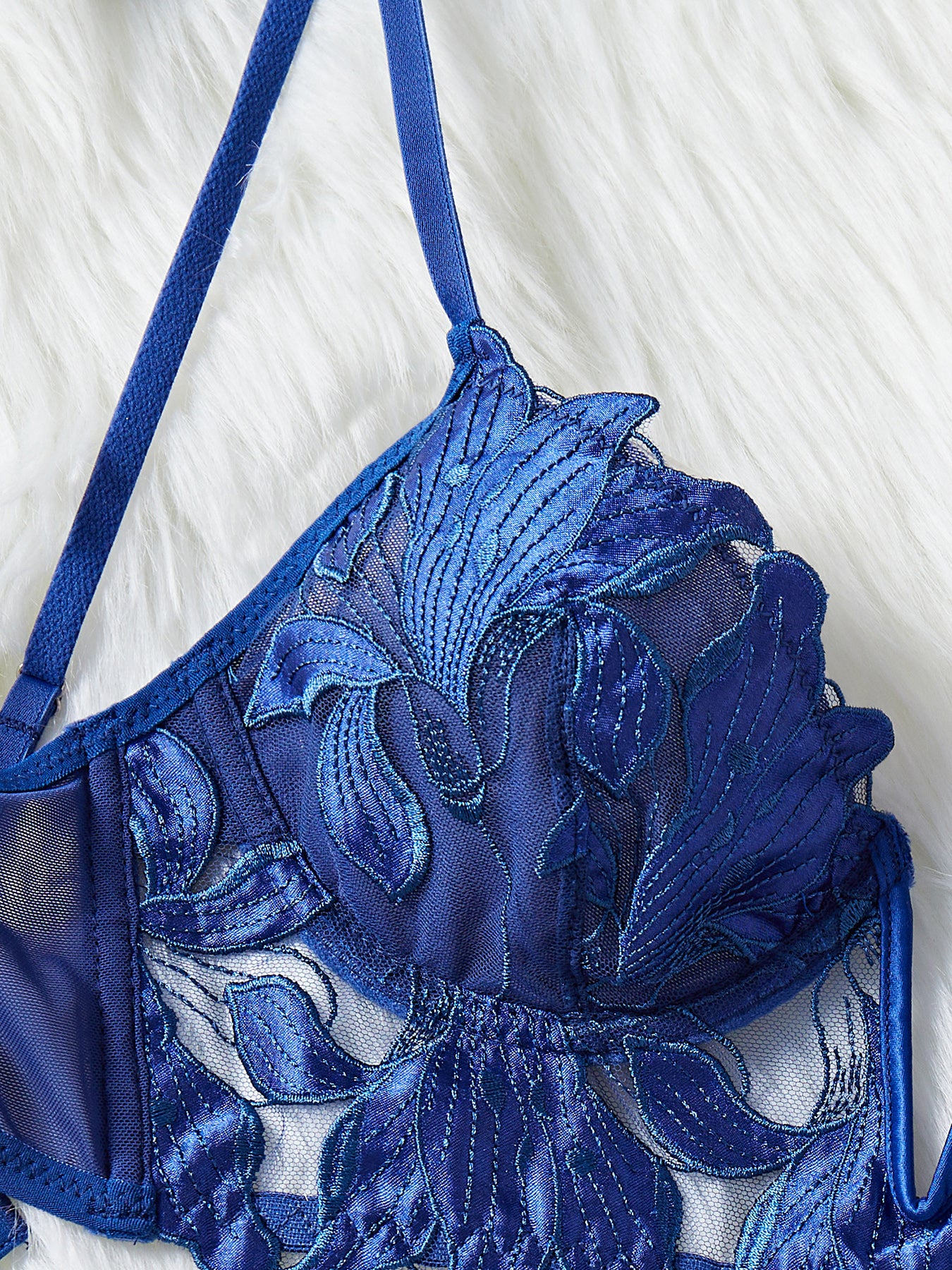 Sexy Underwire Cute Push Up Strappy Embroidered Mesh Sheer Lingerie Set See Through Panty Bra