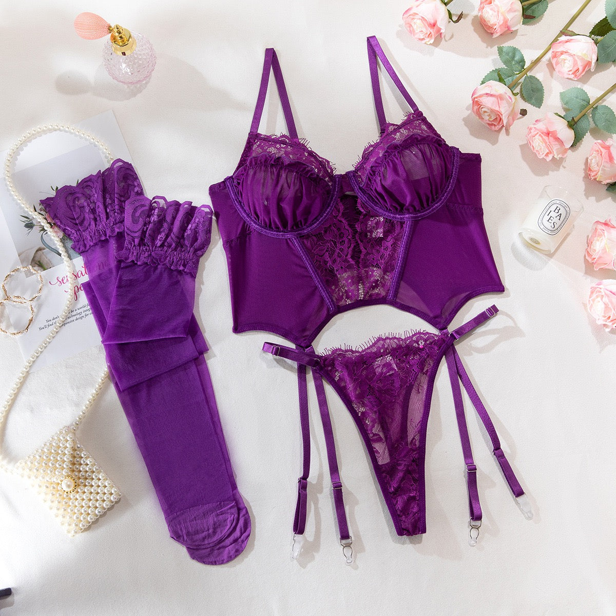 Women's Sexy Lingerie Set Floral Lace Garter Bustier Lingerie Set with 1 Pair Stocking
