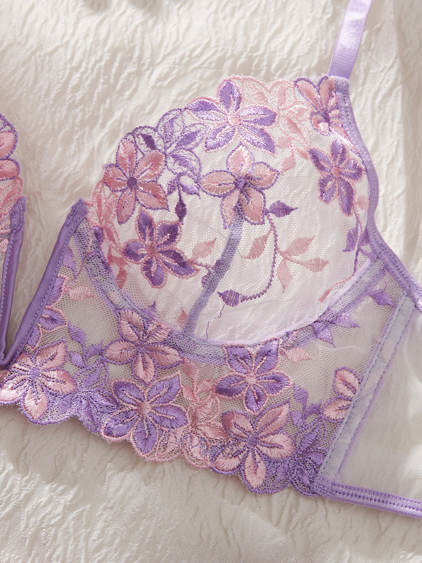 Sexy Cute Underwire Push Up Strappy Embroidered Mesh Sheer Lingerie Set