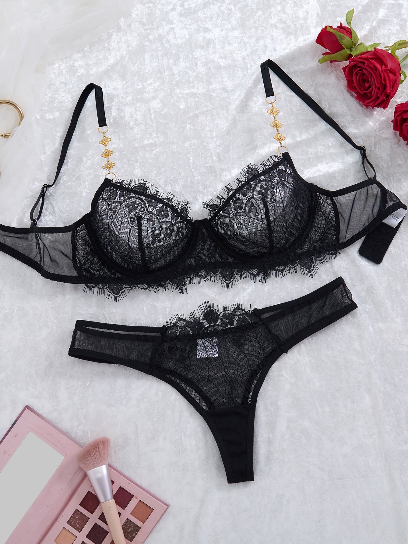 Sexy Bra and Panty Set for Women See Through Sheer Underwear Cute Exotic Foral Embroidery Babydoll Suit