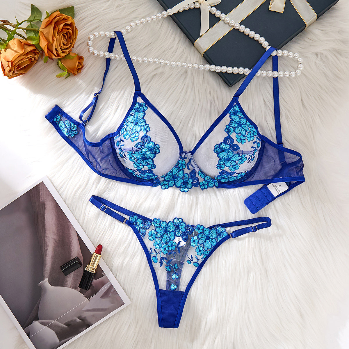 Sexy Bra and Panty Set for Women See Through Sheer Underwear Cute Exotic Foral Embroidery Babydoll Suit