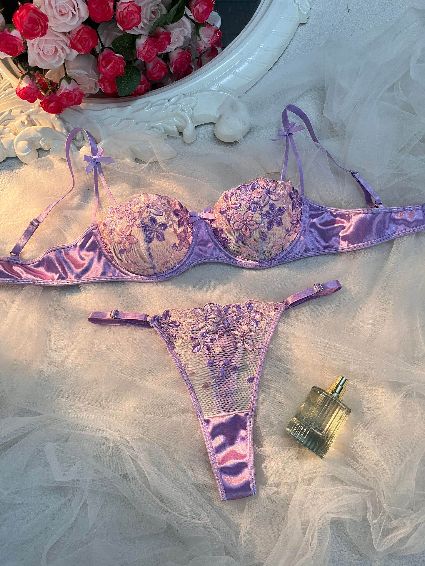 Sexy Bra and Panty Set for Women See Through Sheer Underwear Cute Exotic Foral Embroidery Babydoll Suit