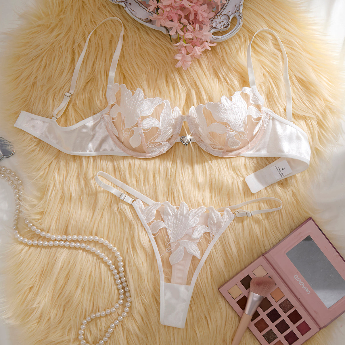 Sexy Bra and Panty Set for Women See Through Sheer Underwear Cute Exotic Foral Embroidery Babydoll Suit