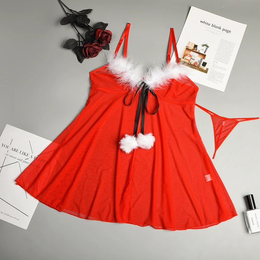Christmas Lingerie for Women Sexy Santa Outfit 2Pcs Velvet Costume Babydoll Chemise Holiday Dress